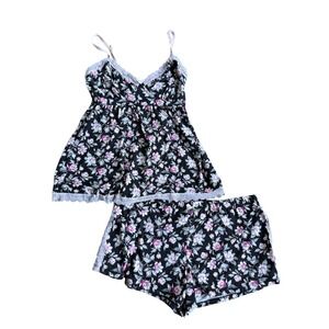 Laura Ashley Pjs Set Cami & Shorts Pajamas Lounge Sz S Dark Floral Lace Trim